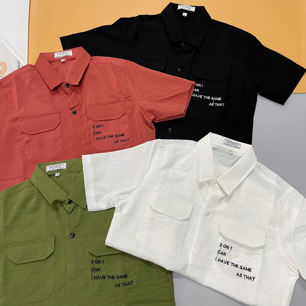 Áo sơ mi nam ngắn tay vải đũi thêu chữ mix túi phong cách đơn giản vải dày dặn mặc mát NEWSHOP004