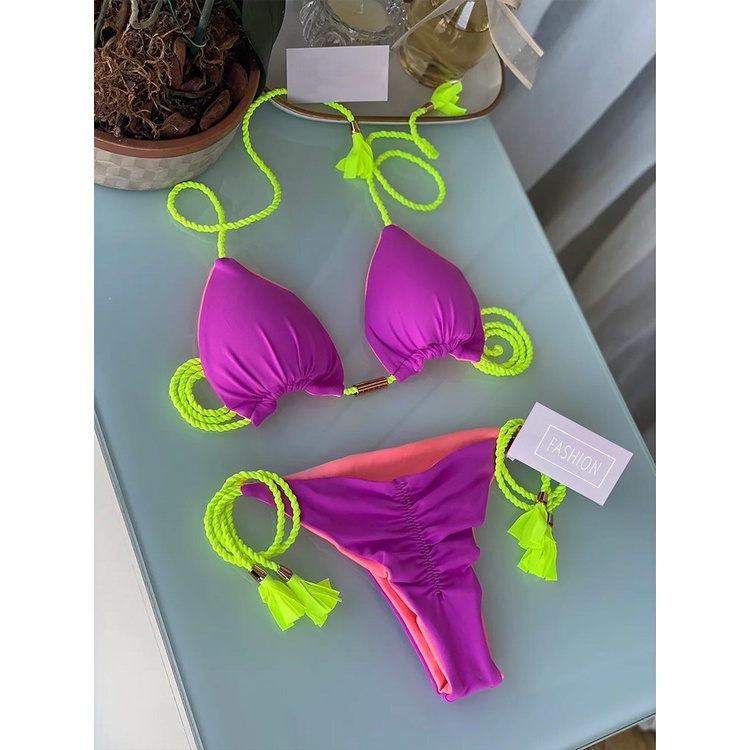 Bộ Đồ Bơi Bikini Hai Mảnh Tam Giác Màu Sắc Xanh Dương / Hồng Phối Tua Rua Gợi Cảm Cho Nữ