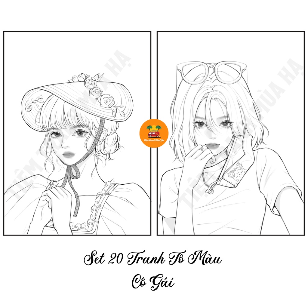 Set 20 Tờ Tranh Tô Màu Cô Gái Kích Thước A5 Dành Cho Màu Sáp, Màu Chì - Tiệm Tranh Mùa Hạ