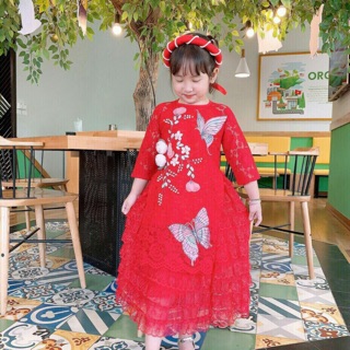 Áo dài cách tân ren thêu bướm cho bé lớn. 22-35kg