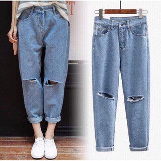 [Hết Hàng] Size 26/27/28] Quần Baggy Unisex, Xanh Nhạt Rách 2 Gối, Lưng Cao, Không Co Giãn
