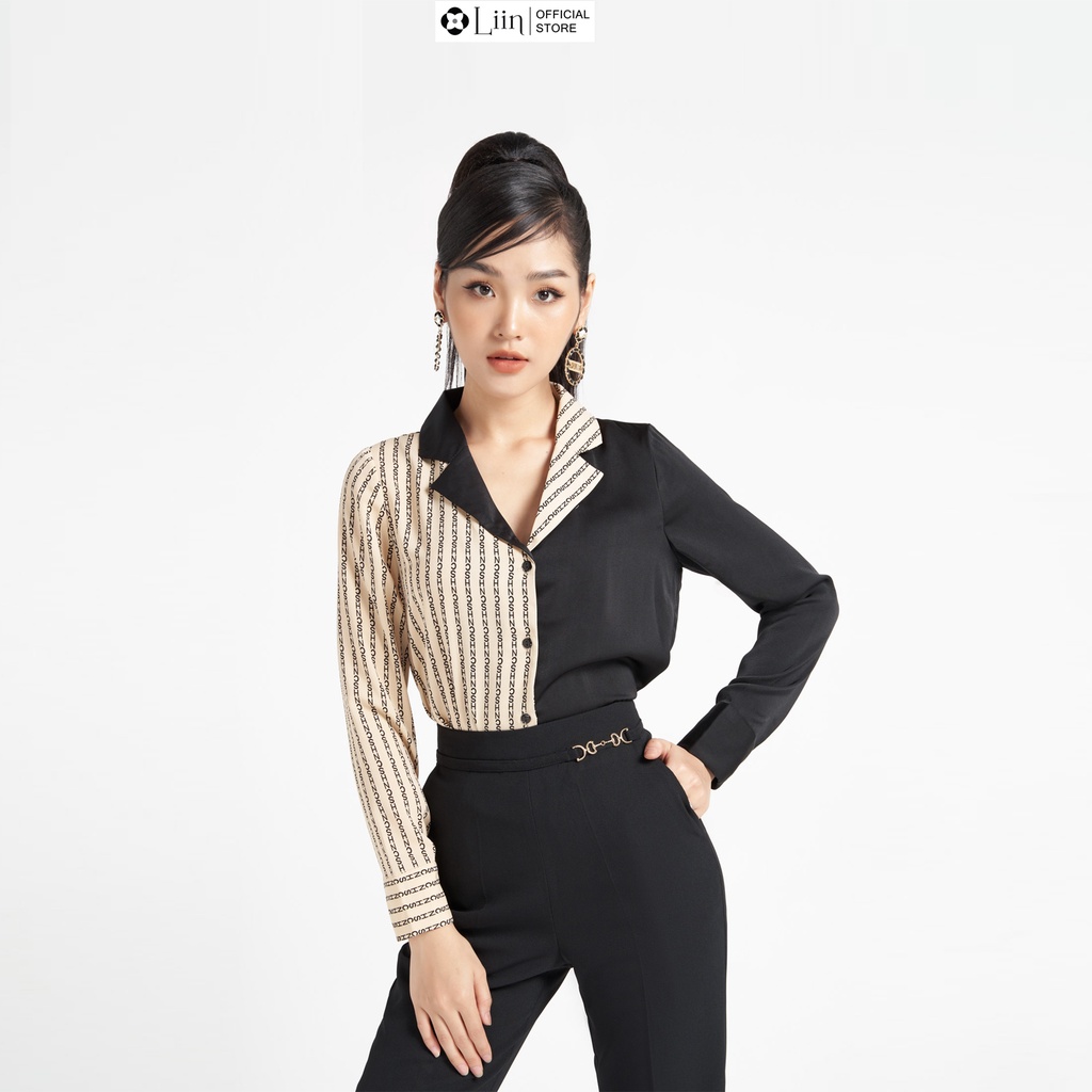 Áo sơ mi nữ Linbi cách điệu phối màu trắng Đen họa tiết Chữ Cổ Vest sang chảnh liin clothing SM3060