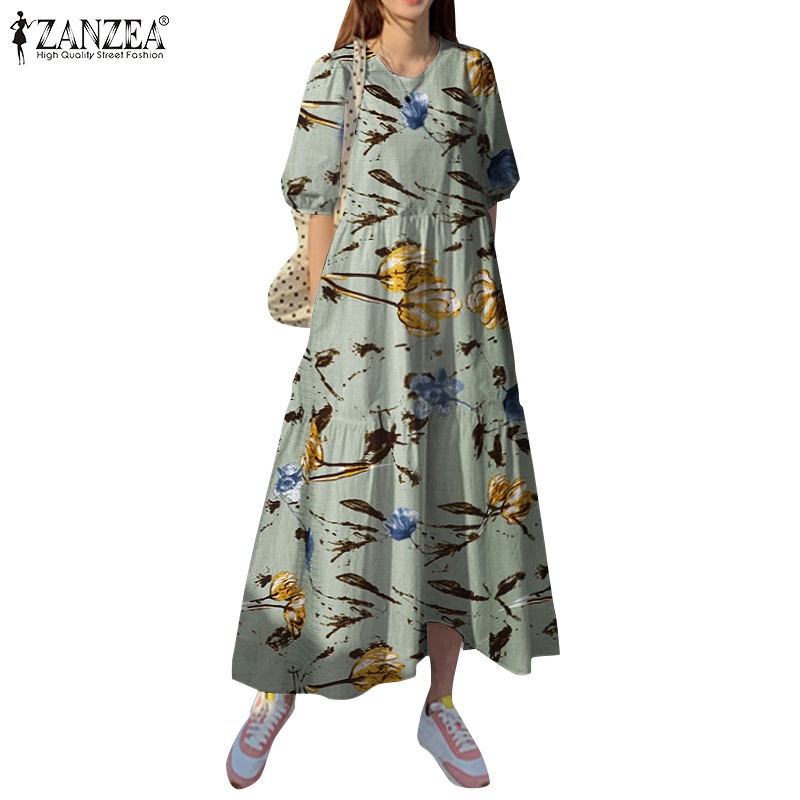 Đầm dáng dài ZANZEA cổ tròn tay lửng thời trang thường ngày cho nữ