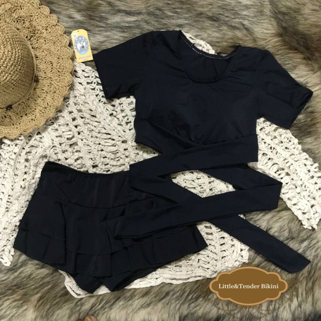 Bikini tay dài cột nơ váy quần cạp cao