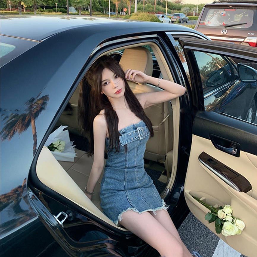 Pure Desire Hot Đầm Denim Ngắn Ôm Dáng Phong Cách Mới 2022 Quyến Rũ Mùa Hè Cho Nữ