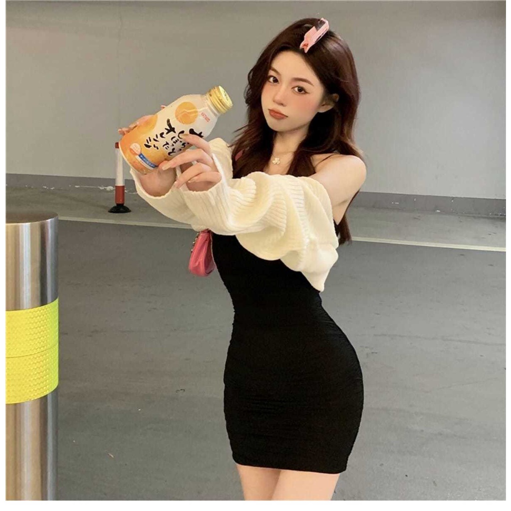 Happy-store  Đầm Ôm hai dây trễ vai Dáng Màu Trơn Thời Trang Mùa Hè Phong Cách Hàn Quốc Cho Nữ