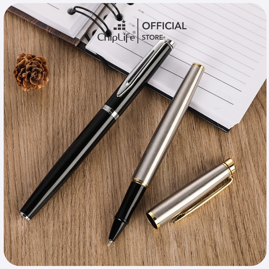 Bút kim loại nắp CHIPLIFE khắc tên P026 - ngòi 0.5mm đen viền vàng Pemall mực xanh