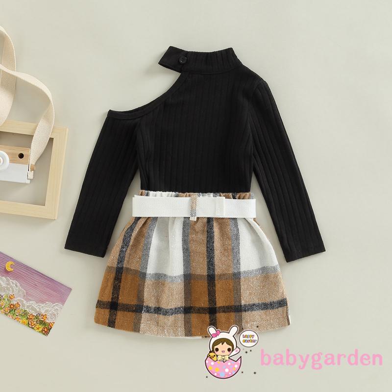 Set Áo Thun Tay Dài Hở Vai Kèm Chân Váy Caro Cho Bé Gái 1-6 Tuổi