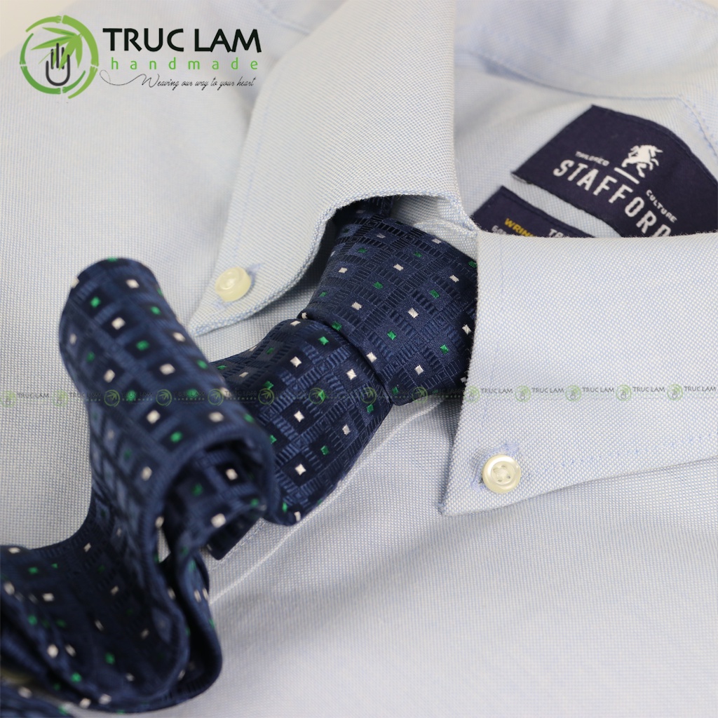 Cà Vạt Lụa 8cm Cho Nam Cao Cấp Họa Tiết Chấm Vuông Xanh Sang Trọng MS3 - Trúc Lâm Handmade