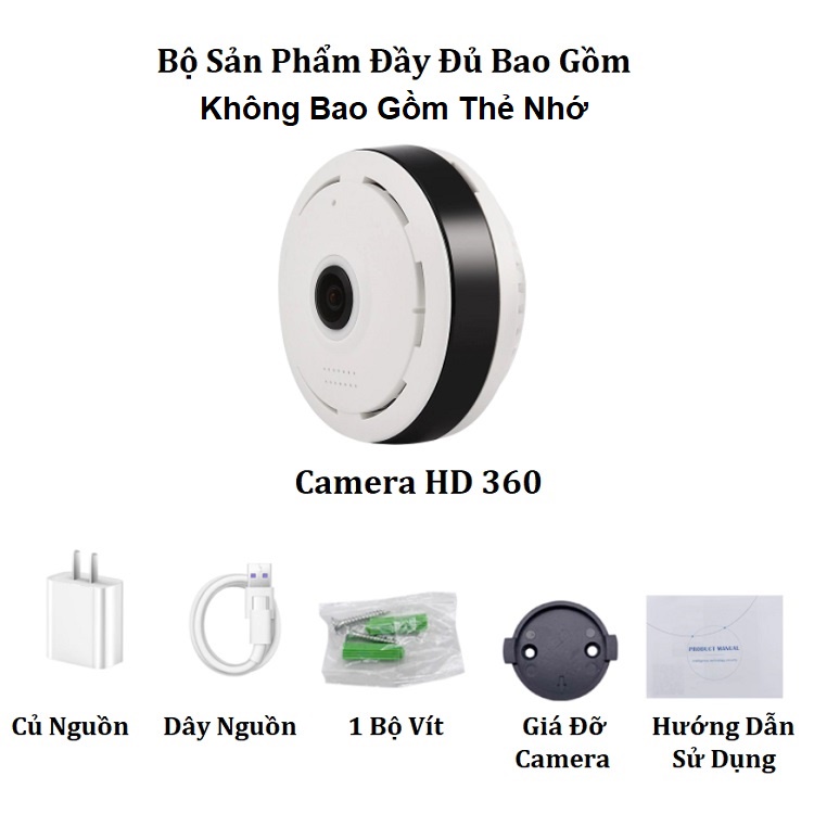 Camera Chống Chộm, Tặng Củ Nguồn Loại Gắn Trần Nhà, Kết Nối Wifi, Xem Từ Xa, Giám Sát Toàn Cảnh 360, Độ Phân Giải HD