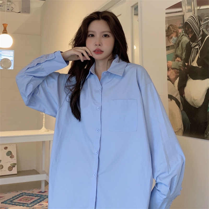 Áo Sơ Mi Tay Dài Dáng Rộng Phối Túi Thiết Kế Oversized Cho Phái Nữ