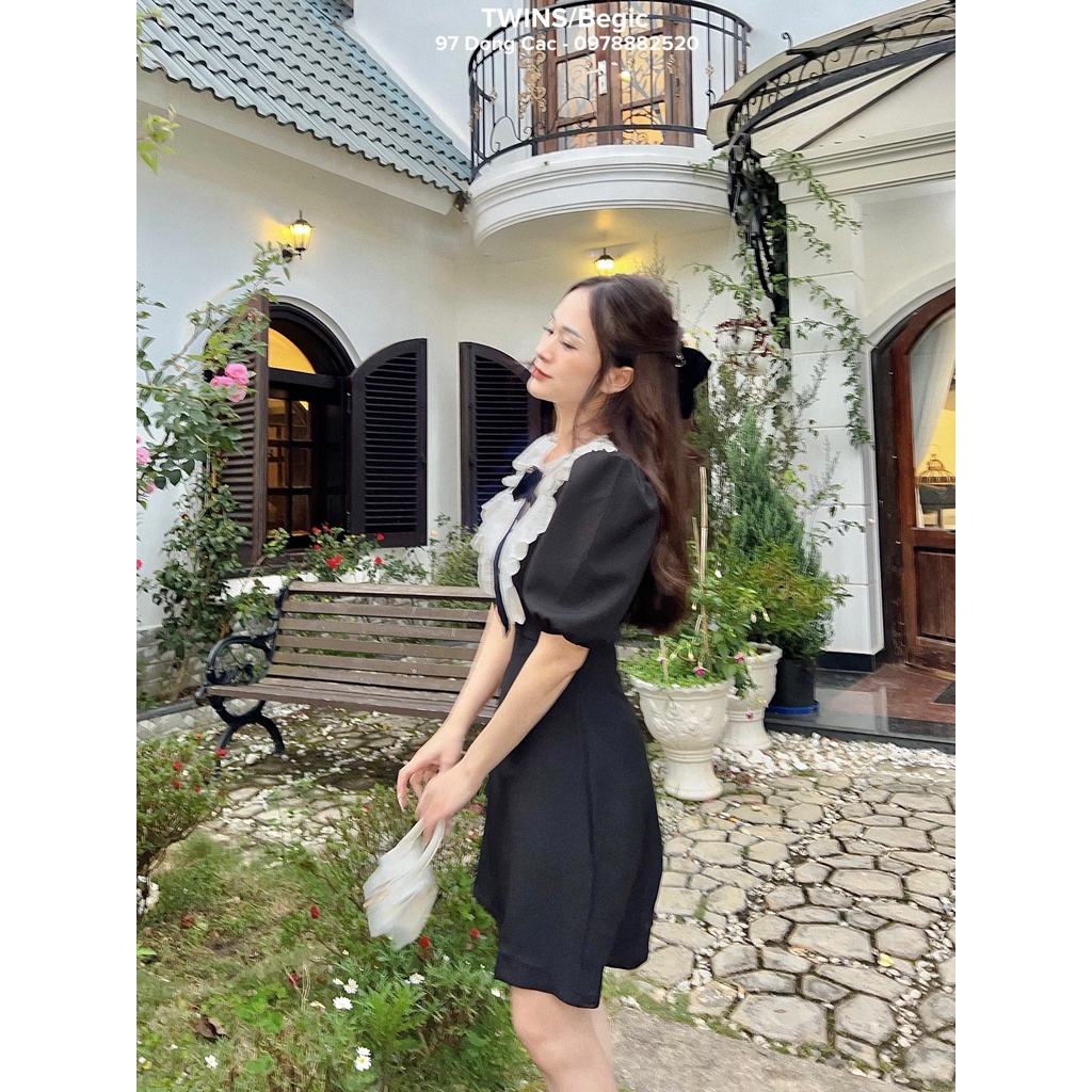 Đầm tay bồng cổ ren trắng kèm tag ( Eun jeon dress by Twins)