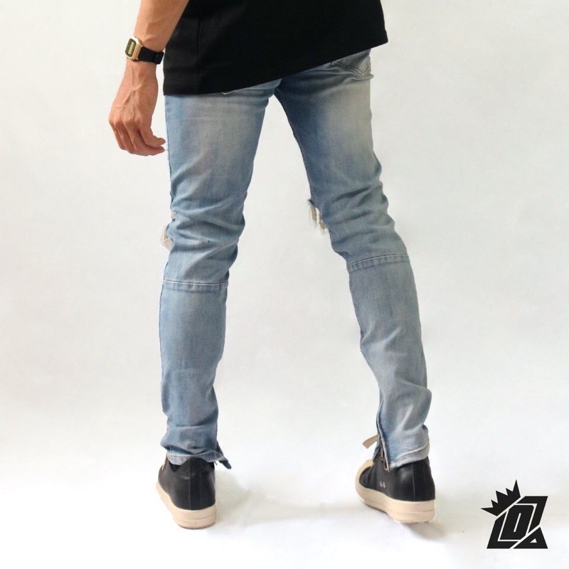 Quần jean nam Streetwear DATINO rách gối form Skinny co giãn ống khóa Zipper, bền màu