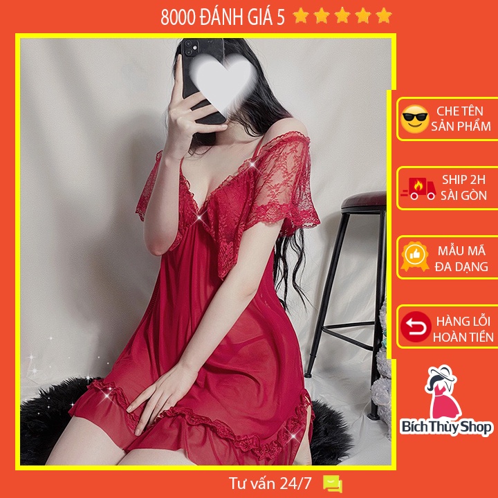 Váy ngủ sexy xuyên thấu trễ vai cuốn hút đồ ngủ nữ bigsize màu đỏ quyến rũ gợi cảm