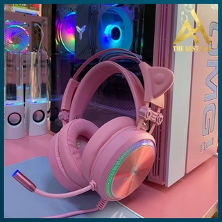 Tai Nghe Máy Tính Có Mic Gaming Led Rgb Headphone Chụp Tai E DRA EH412 Pro Tai Mèo Màu Hồng Nhạc Chơi Game Có Dây