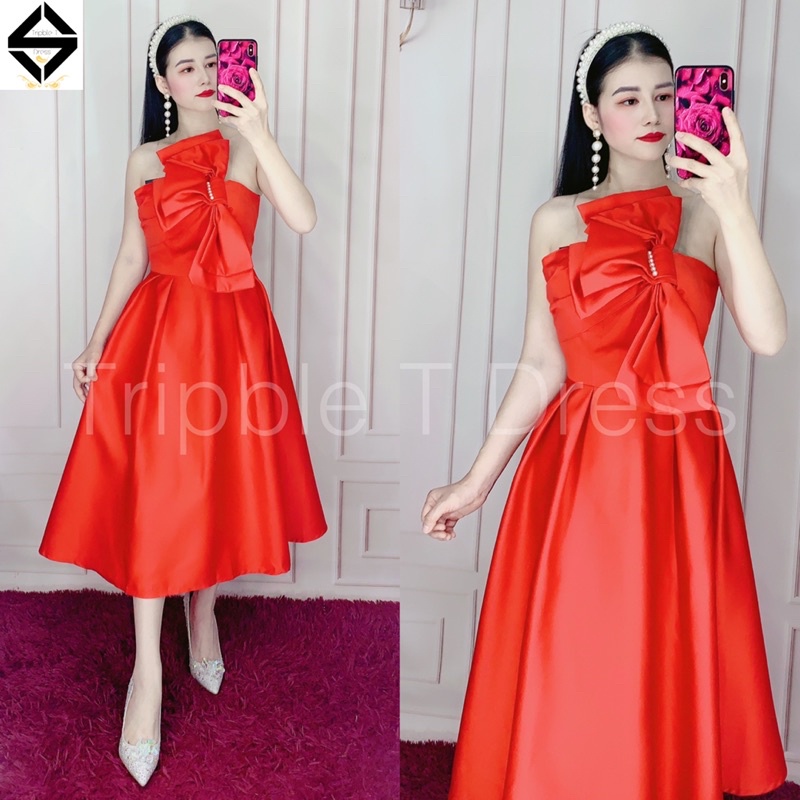 Đầm xoè dự tiệc 1 vai chéo ngực chất lụa taffeta phối nơ 3 cánh siêu xinh - size M/L - MS345V