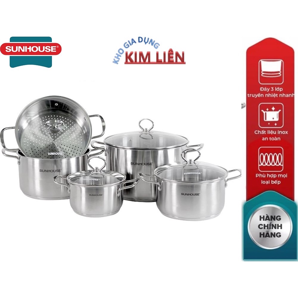 Bộ nồi INOX 3 đáy SUNHOUSE SH895 (Set 5 sản phẩm/hộp, Size: 16cm - 20cm - 24cm - 28cm) - Chính hãng BH 12 tháng