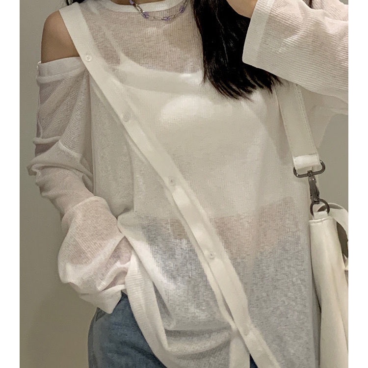 Áo thun tay dài hở vai dáng rộng thời trang mùa hè hàn quốc 2021