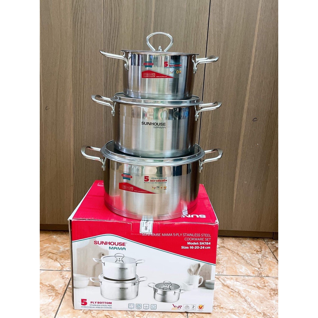 Bộ nồi inox 5 đáy từ Sunhouse SH784 ( Size 16-20-24cm )