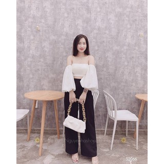 sét voan áo bệt vai tay phồng nhún lưng quần ống rộng siêu hot m4242