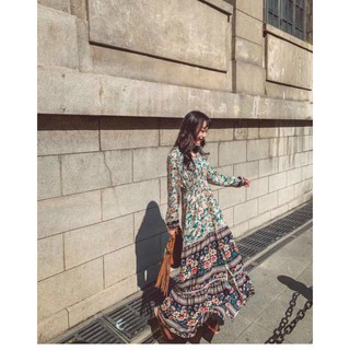 Đầm xoè maxi lụa cổ V tay dài