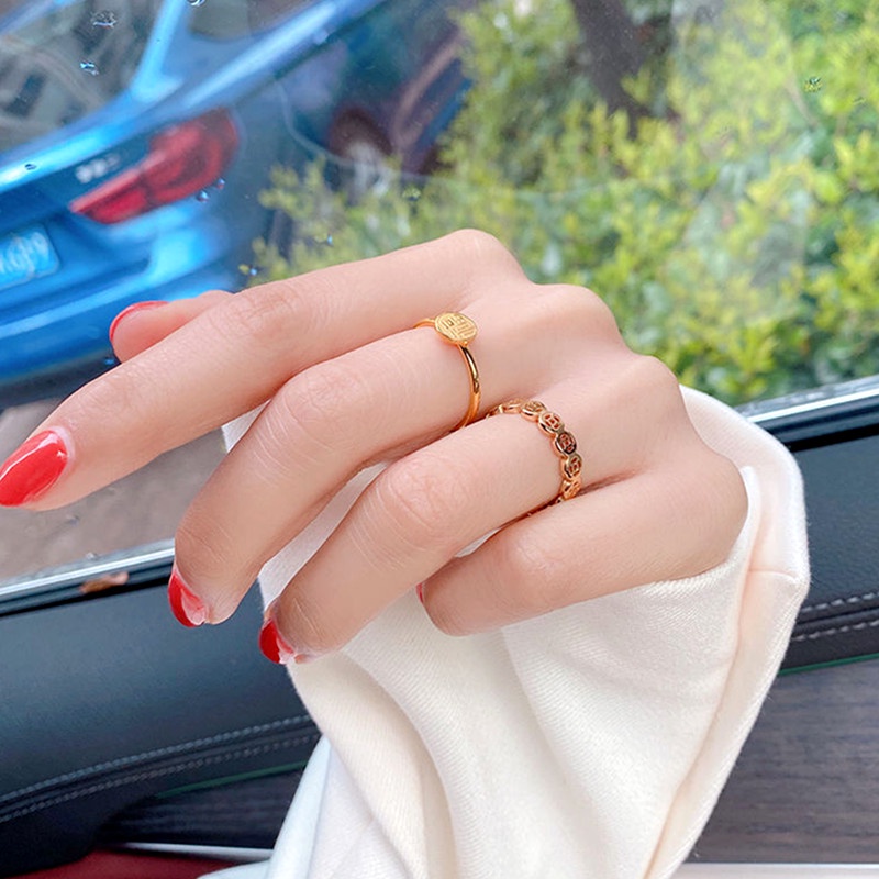 Nhẫn nữ titan không gỉ Vàng 18k Trung Quốc Hán tự May mắn &quot;FU&quot; Phụ kiện trang sức thời trang