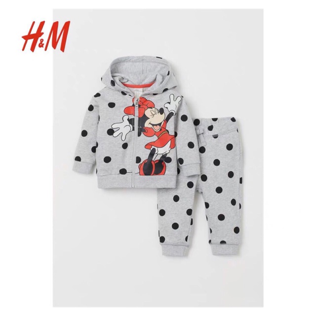 Bộ nỉ kéo khoá có mũ minnie mickey xám HM bé gái 1-6Y (có ảnh thật)