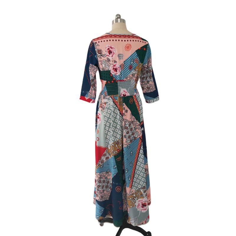 Đầm Maxi Tay Lỡ 3 / 4 Cổ Chữ V Họa Tiết Hoa Phong Cách Bohemian