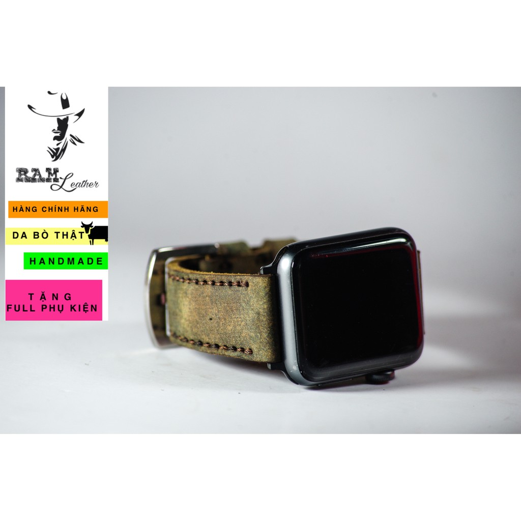 Dây đồng hồ da bò cao cấp màu quân đội RAM Leather - tặng khóa chốt và cây thay dây