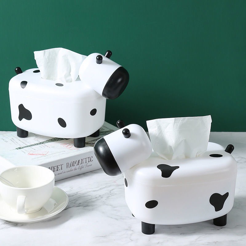 Hộp đựng khăn giấy ăn rút dễ thương bò sữa đẹp xinh đa năng để bàn bằng nhựa kèm lọ tăm tiện lợi