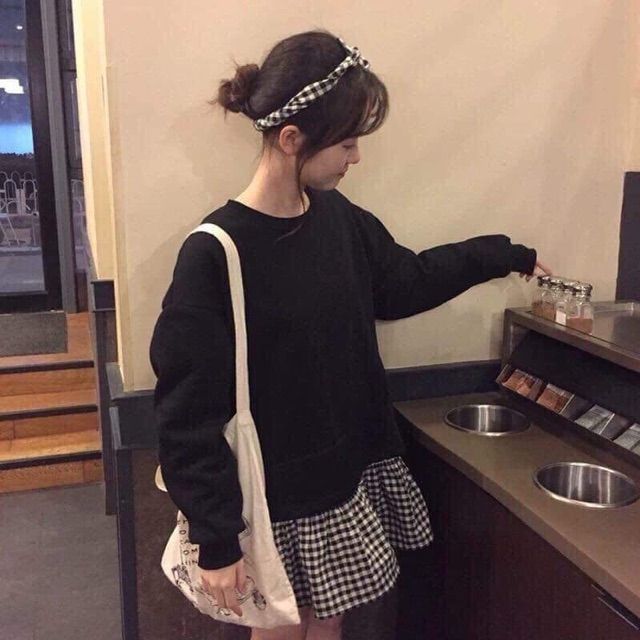 Đầm Váy Nữ Phối Caro Kèm Khăn Tuban Ulzzang Hàn Quốc