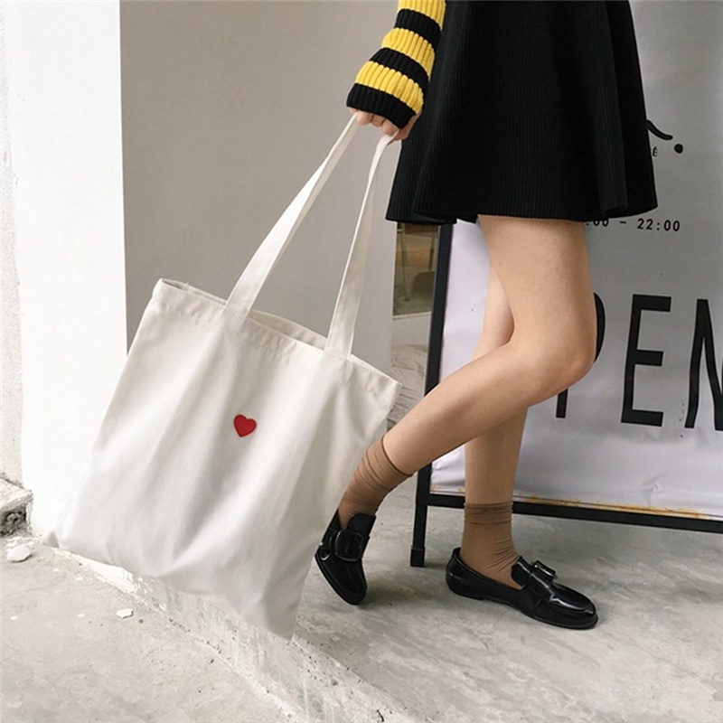 Cotton Canvas Eco Shopping Tote Shoulder Bag Embroidered Red Heart