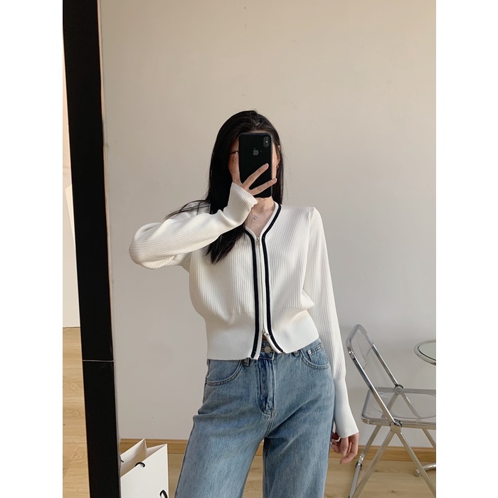 Áo khoác cardigan dệt kim tay dài dáng ôm phối khóa kéo thời trang cho nữ | BigBuy360 - bigbuy360.vn