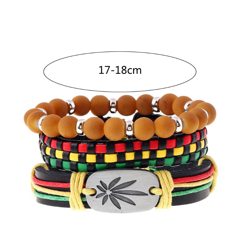 Bộ 3 Vòng Tay Bện Dây Da Đính Hạt Jamaica Đơn Giản Trang Sức Rasta Reggae Gi