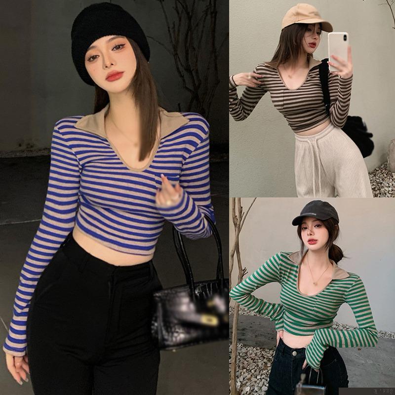 Áo thun lửng tay dài họa tiết sọc ngang thời trang quyến rũ dành cho nữ