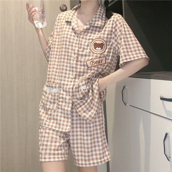 Bộ ngủ Pijama kẻ ô gấu bear 2 túi vải cotton | BigBuy360 - bigbuy360.vn