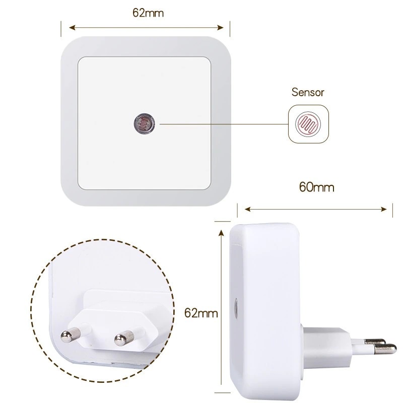 (HCM) Đèn Ngủ Cảm Biến Ánh Sáng Tự Động Tắt Mở Hình Vuông Nhiều Màu Kích Thước 6.5 x 6.5cm Cắm Điện - Đèn Treo Tường