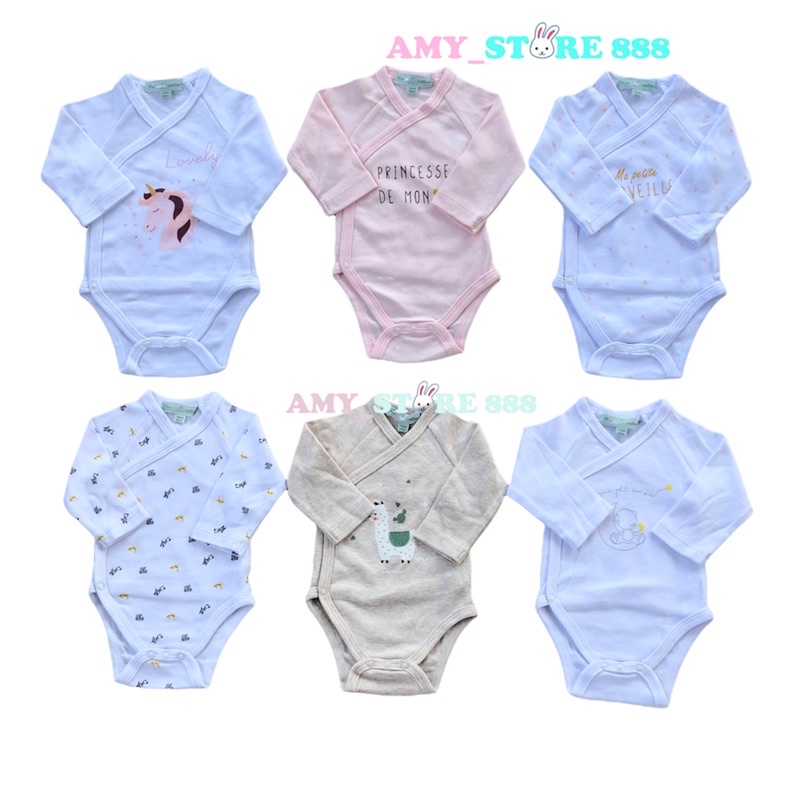 Body chip dài tay cài cúc chéo Mes Petits Cailloux xuất dư, bodysuit dài tay lệch vạt chất cotton