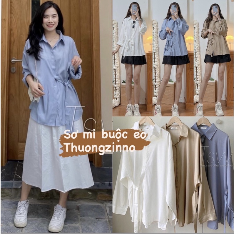 [Ảnh thật/Video]Áo sơ mi phối nơ eo siêu lạ mắt Áo sơ mi nhẹ nhàng Hàn Quốc