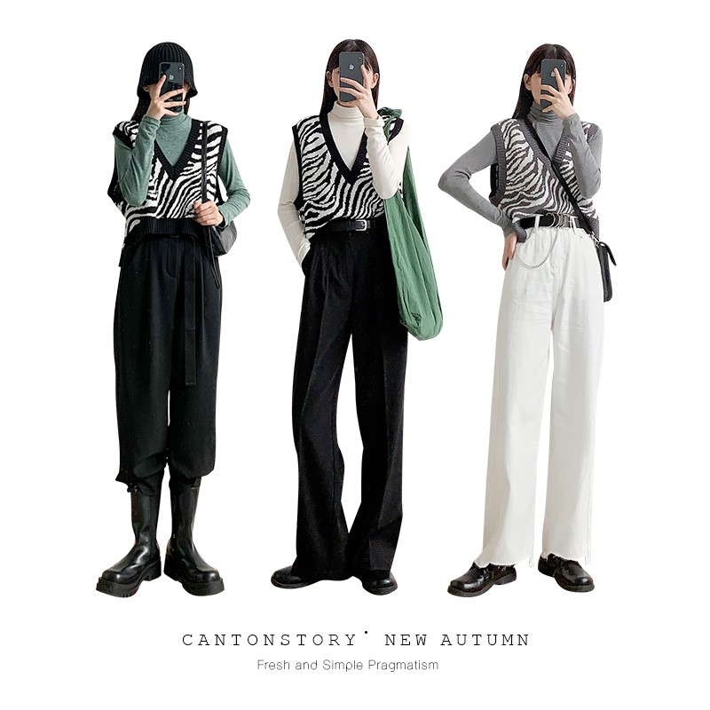 Áo Sweater Dệt Kim Không Tay Cổ Chữ V Họa Tiết Ngựa Vằn Cá Tính Cho Nữ | BigBuy360 - bigbuy360.vn