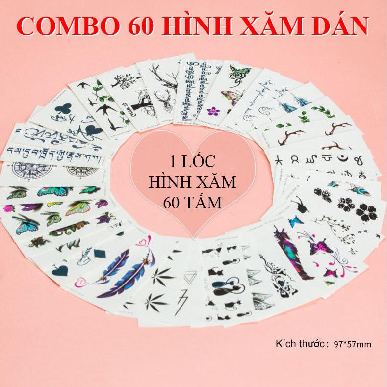 60 Tấm Hình Xăm Dán( ngôi sao, lông vũ, bướm,...),Miếng Dán Hình Xăm Dễ Thương