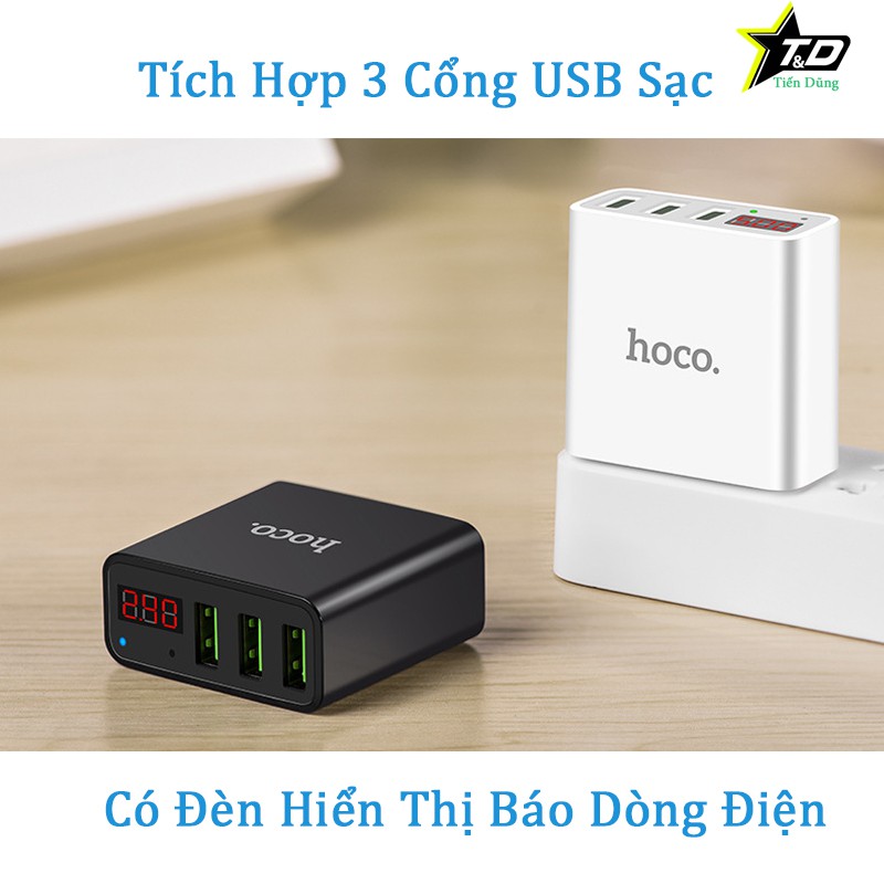 Củ sạc Hoco C15 hỗ trợ sạc nhanh có 3 cổng USB có màn LED hiển thị đo dòng -Ổn định dòng cho Iphone/iPad/Android