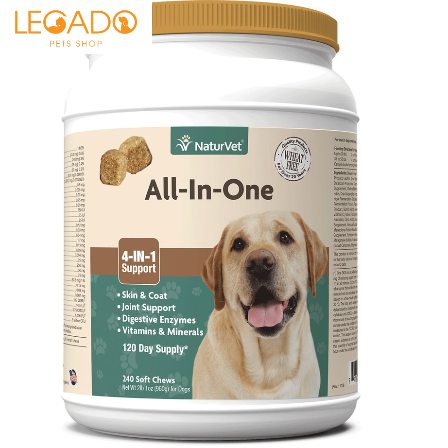 Viên bổ Vitamin tổng hợp, Dưỡng Lông, Tiêu Hoá, Cơ Khớp NaturVet All-In-One Mỹ (Hộp 240 Viên)
