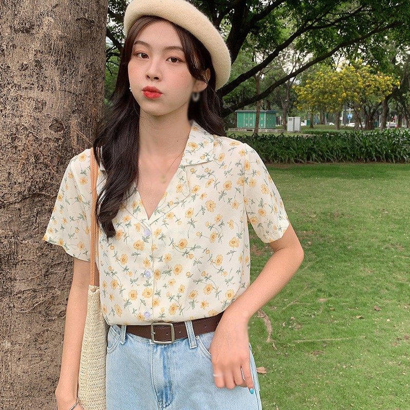 Áo Kiểu Tay Ngắn Chất Chiffon Hoạ Tiết Hoa Cho Nữ
