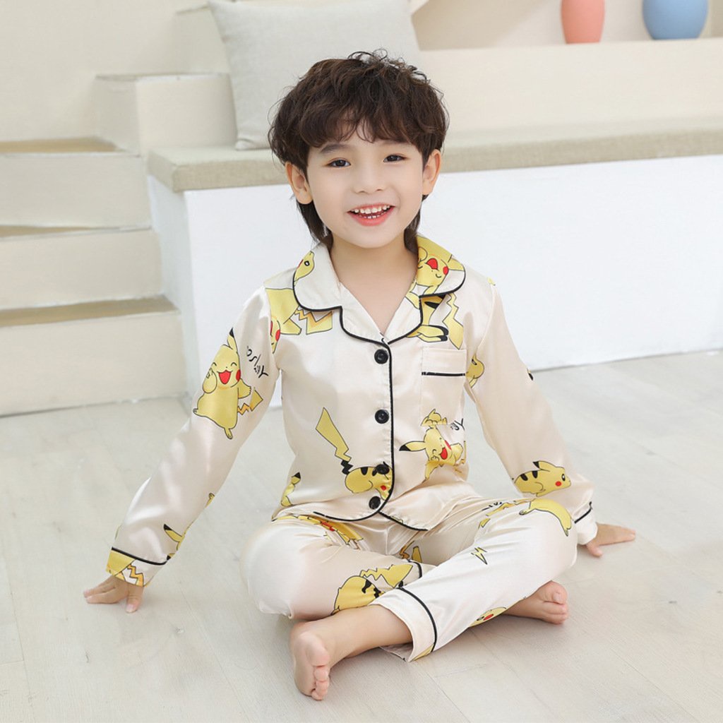 Bộ Pijama Cho Bé In Hoạt Hình Chất Lụa Cao Cấp, Đồ Ngủ Lụa Cho Bé - MINKY SOON