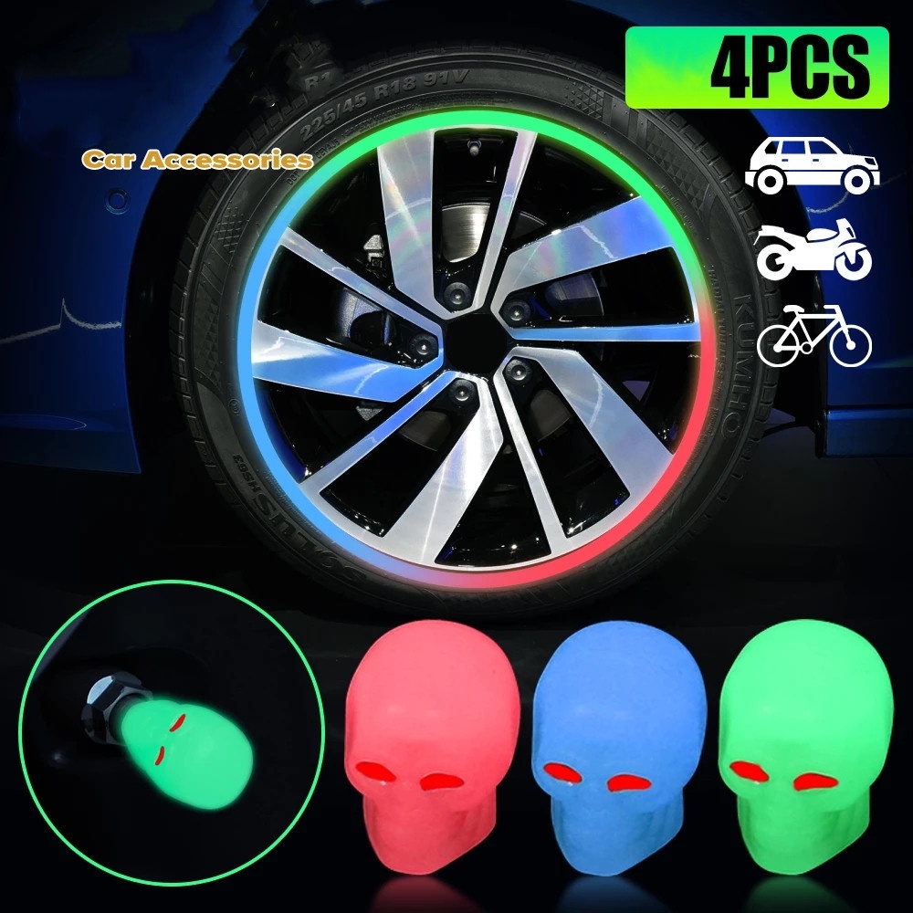 Bộ 4 Nắp Van Lốp Xe Hơi/Xe Máy/Xe Đạp Hình Đầu Lâu Phát Sáng Trong Tối/SUV