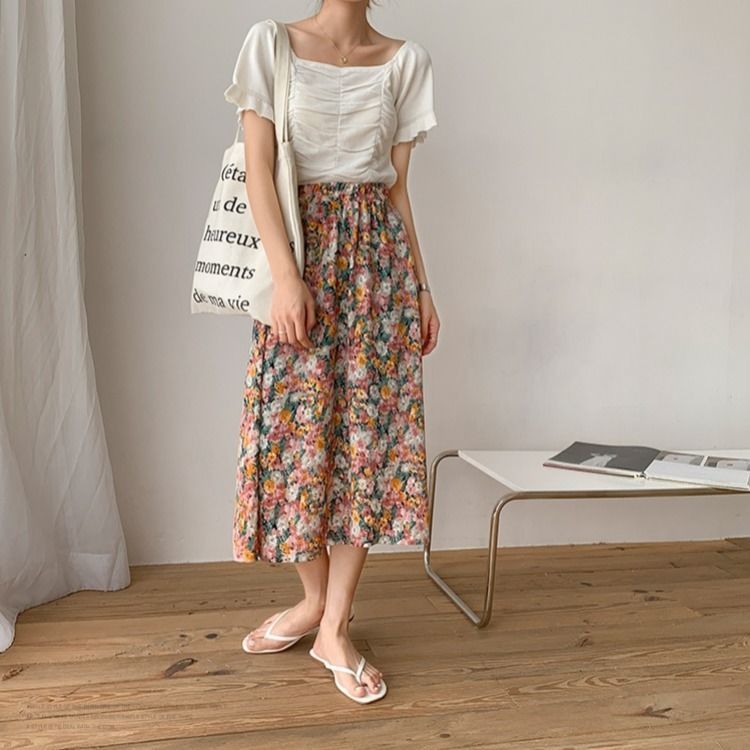 A-Line Skirt Floral Skirt Skirt Women's Summer Mid-Length High Waist Slimming Chiffon  A Fairy Dress D147 | BigBuy360 - bigbuy360.vn