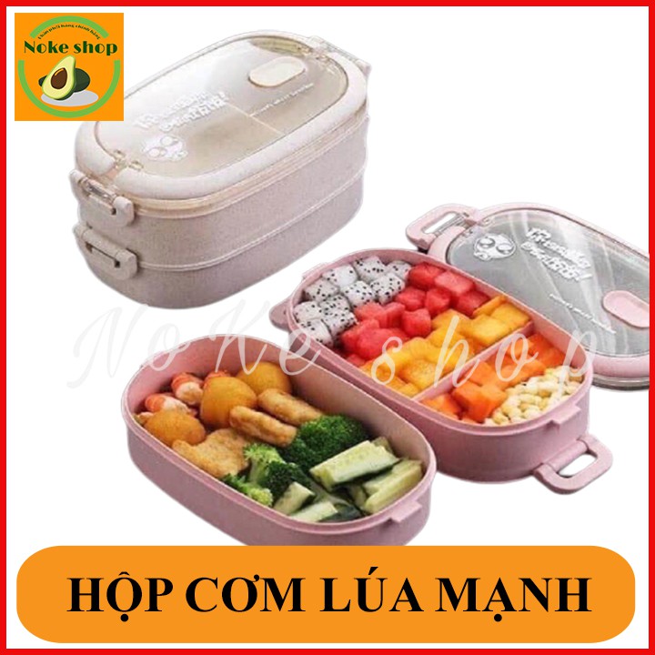 Hộp cơm lúa mạch chữ nhật 2 tầng kèm thìa dĩa