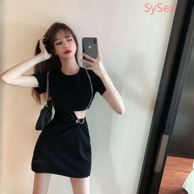 Đầm tay ngắn màu đen thiết kế cá tính thời trang mùa hè dành cho nữ