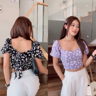 Áo crop hoa cúc cột nơ sau
